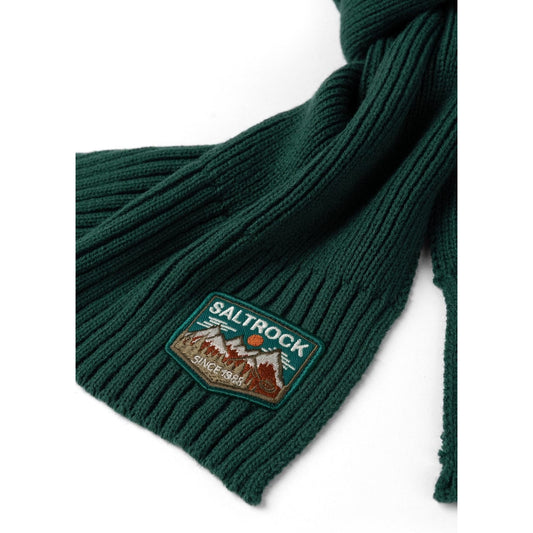 Dark Teal knitted scarf with a Saltrock Uplands mountains logo on a white background