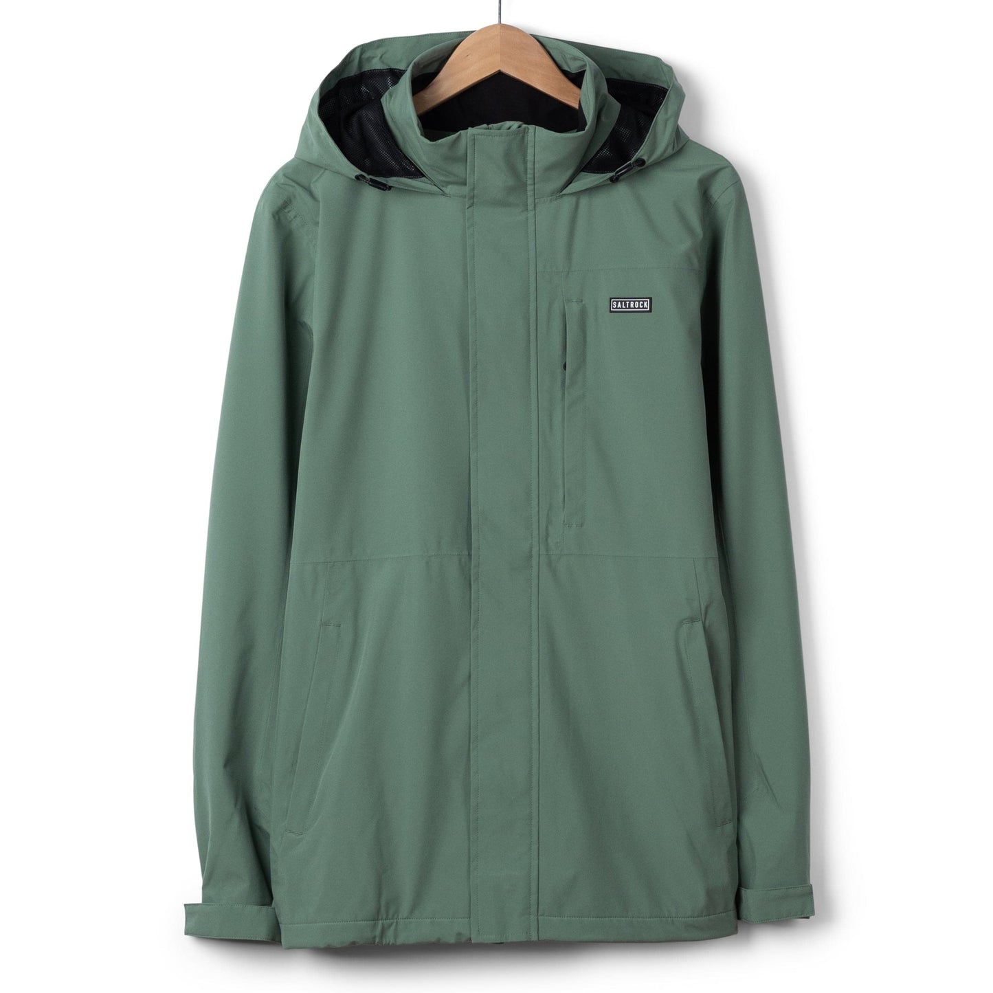 Front view of a mens Saltrock Whistler II waterproof hooded jacket in light green.