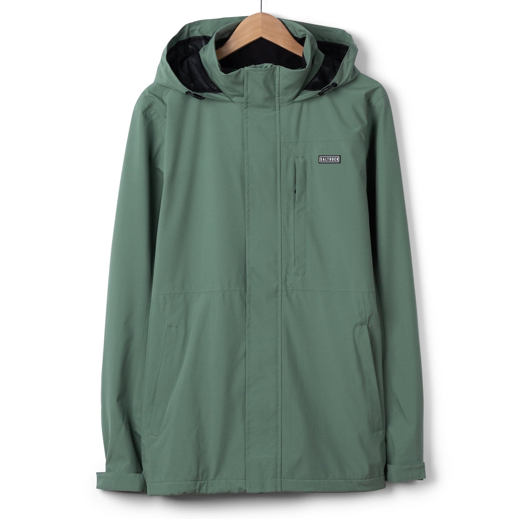 Front view of a mens Saltrock Whistler II waterproof hooded jacket in light green.