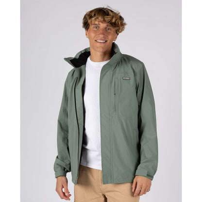 Front view of a man wearing an unzipped Saltrock Whistler II waterproof hooded jacket in light green