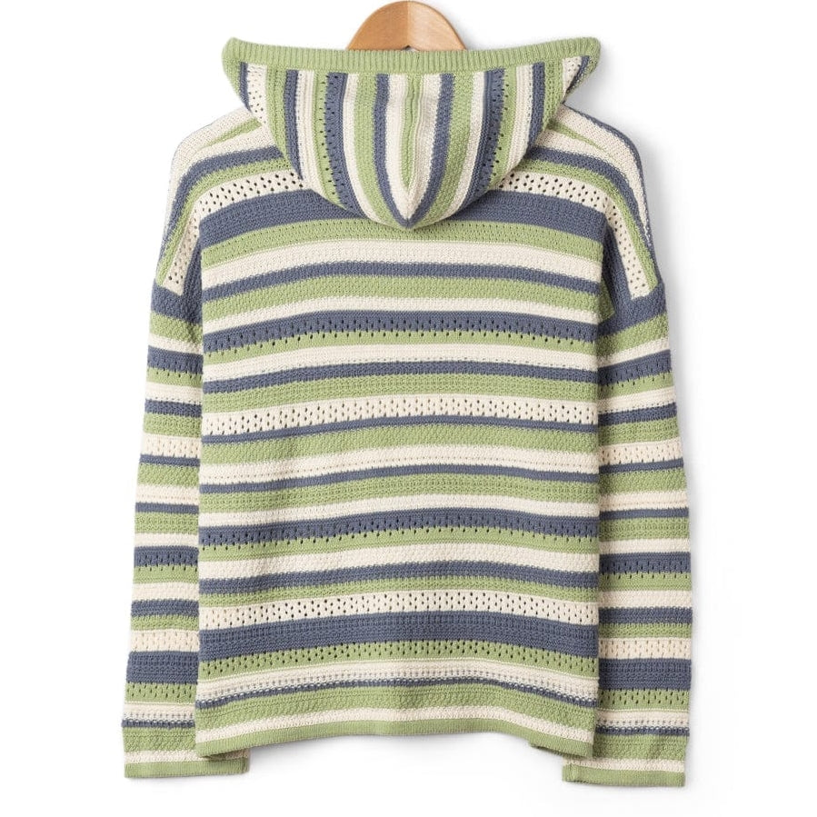Back view of a womens Saltrock Aurelia knitted hoodie in a light green, blue and white stripe pattern
