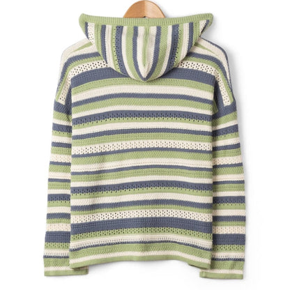 Back view of a womens Saltrock Aurelia knitted hoodie in a light green, blue and white stripe pattern