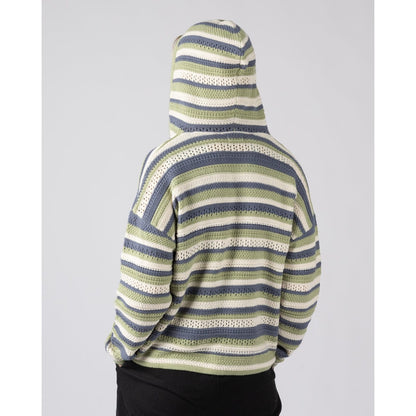 Back view of a woman wearing a Saltrock knitted Aurelia hoodie with a green, blue and white stripe pattern