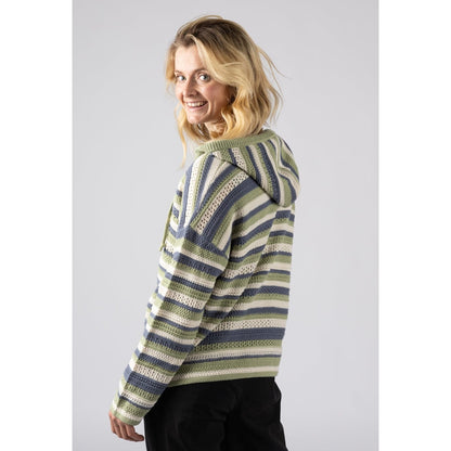 Side view of a woman wearing a Saltrock Aurelia striped knitted hoodie in light green, blue and white