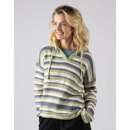 Front view of a woman wearing a green, blue and white striped Saltrock Aurelia knitted hoodie