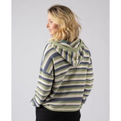 Back view of a woman wearing a Saltrock Aurelia knitted hoodie in a light green, blue and white stripe pattern