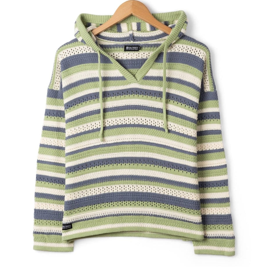 Front view of a womens Saltrock Aurelia green, blue and white stripe knitted hoodie