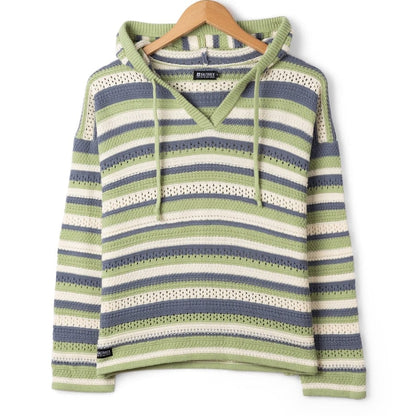 Front view of a womens Saltrock Aurelia green, blue and white stripe knitted hoodie