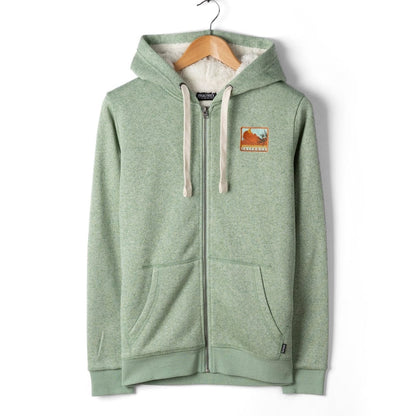 Green Saltrock womens Ayden hoodie with a logo on a hanger against a white background