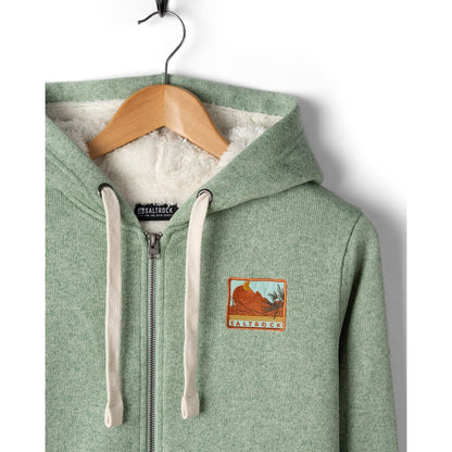 Green Saltrock Ayden hoodie with a logo on a wooden hanger against a white background