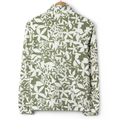 Back view of a womens Saltrock zip through Balance fleece in a light green floral patterned on a hanger against a white background