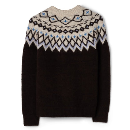 Back view of a womens Saltrock Fern jumper in brown with a Fairisle style cream, blue and brown pattern across the chest and shoulders.