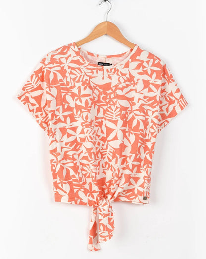 Saltrock womens coral tee with a vibrant floral pattern and a stylish knot detail at the hem