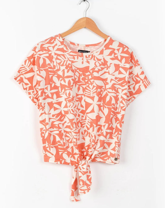 Saltrock womens coral tee with a vibrant floral pattern and a stylish knot detail at the hem
