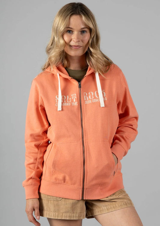 Saltrock womens coral zip hoodie with front pockets and white drawstrings worn by model