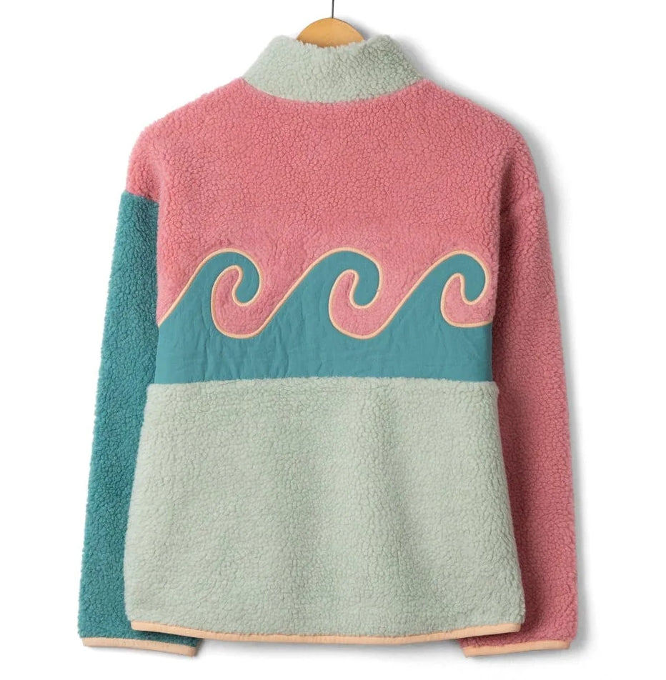 Back view of a womens Saltrock colour block Emery Wave fleece in pink, turquoise and teal with a wave design
