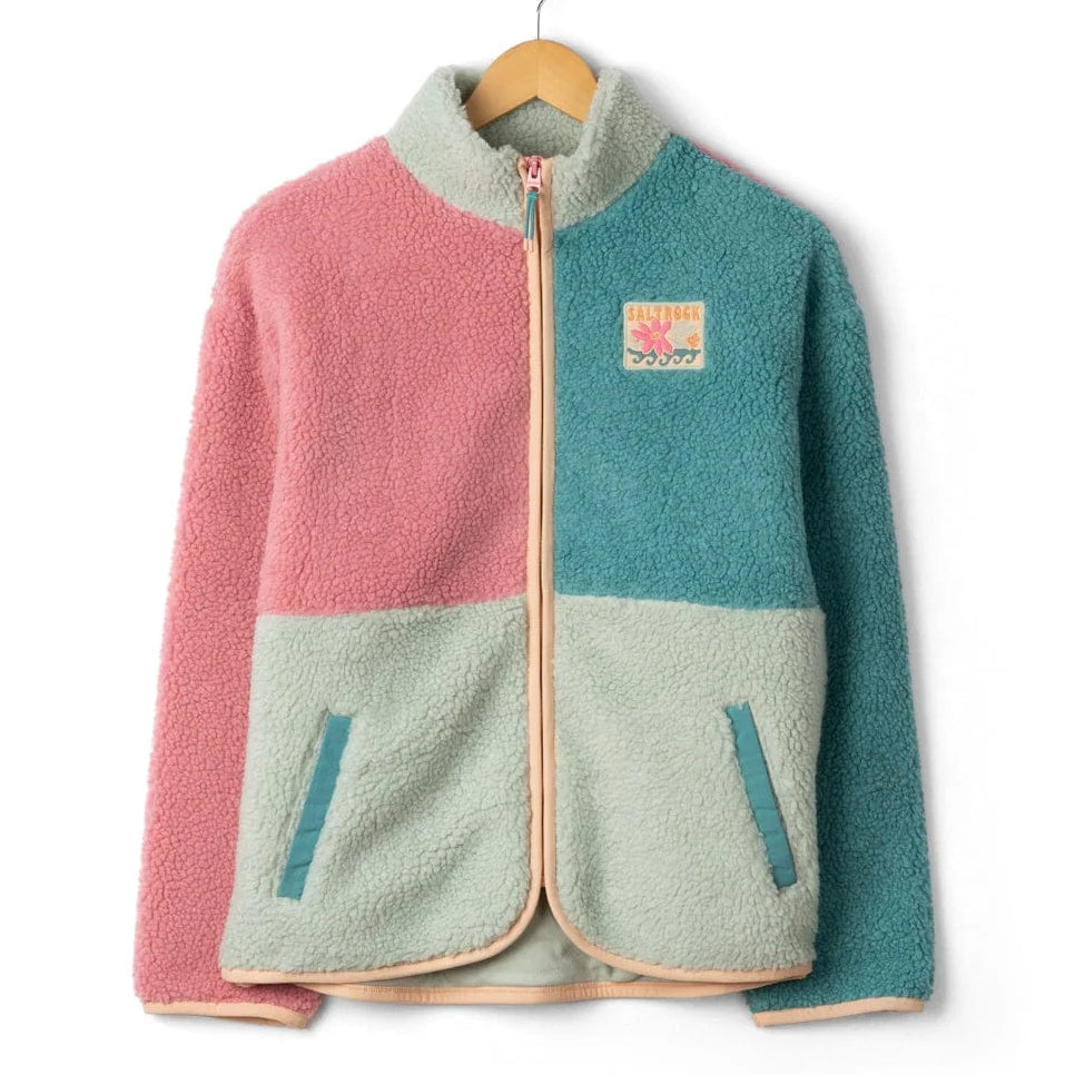 Front view of a womens Saltrock Emery Wave colour block fleece jacket in pink, teal and turquoise