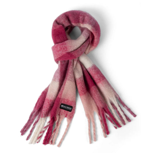 Front view of a Saltrock Harvest check pattern scarf in pink with tassels on a white background