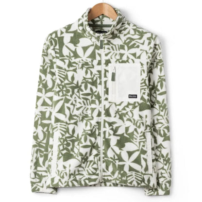 Front view of a womens Saltrock green floral patterned Balance zip through fleece on a hanger against a white background