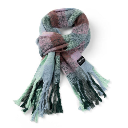 Main front view of a Saltrock womens Harvest scarf in a green and multicolour check pattern, with tassels and a logo label.