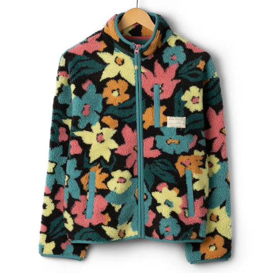Front view of a womens Saltrock Holidaze multicolour floral sherpa zip fleece