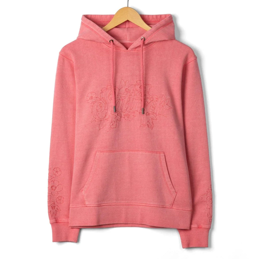 Front view of a womens Saltrock bright pink Trader Tonal pop hoodie on a wooden hanger against a white background