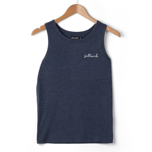 Front view of a womens Saltrock Velator essential vest in blue marl with a small chest logo on a white background