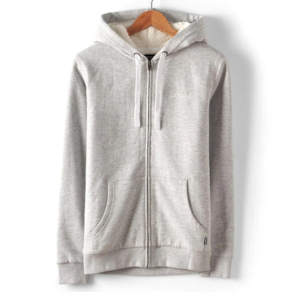 Front view of a womens Saltrock Velator grey borg lined full zip hoodie with a small logo on a white background