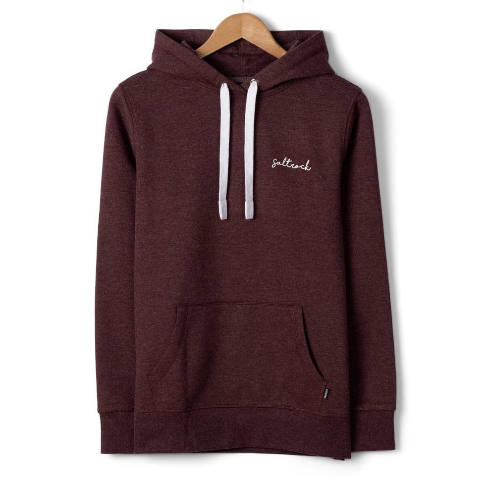 Front view of a womens Saltrock Velator hoodie in Dark Purple, with a tummy pocket, white hood drawstring and small logo on the chest.