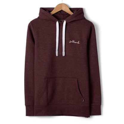 Front view of a womens Saltrock Velator hoodie in Dark Purple, with a tummy pocket, white hood drawstring and small logo on the chest.
