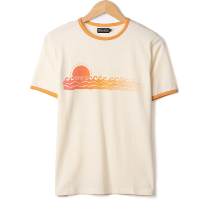 Front view of a womens Saltrock short sleeve Golden Hour t-shirt in cream with a sunset and sea print on the chest on a white background