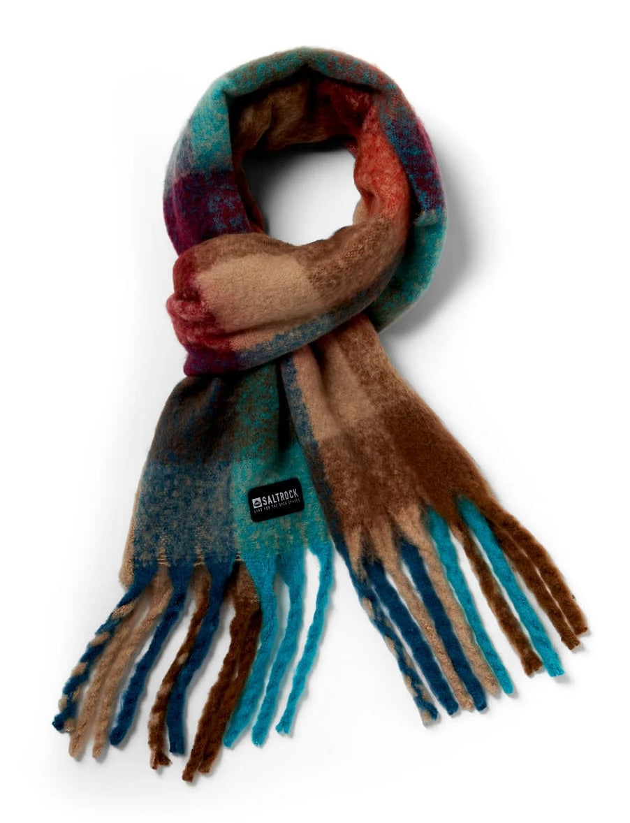 Main view of a Saltrock Harvest scarf in a brown and turquoise check pattern with tassels on a white background