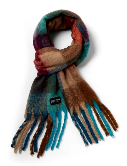 Main view of a Saltrock Harvest scarf in a brown and turquoise check pattern with tassels on a white background