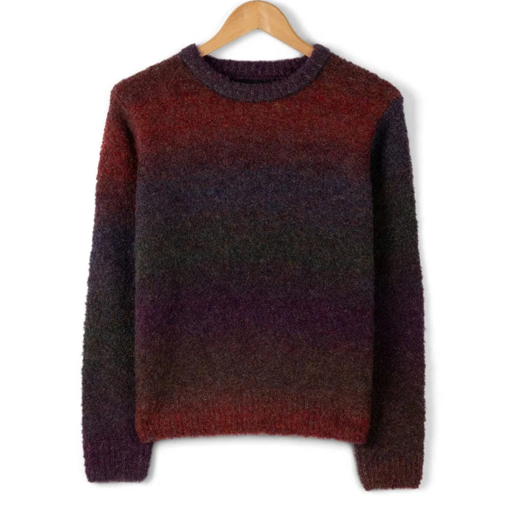 Front view of a womens Saltrock gradient knit Bowden dark purple and red crew neck jumper on a hanger against a white background