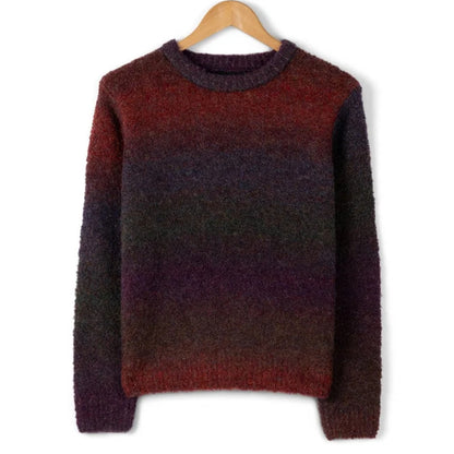 Front view of a womens Saltrock gradient knit Bowden dark purple and red crew neck jumper on a hanger against a white background