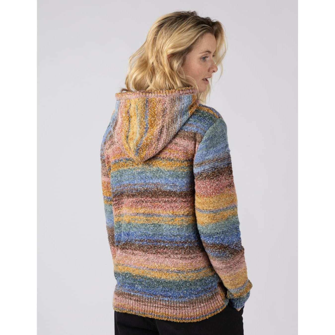 Back view of a woman wearing a multicolour striped Sasltrock knitted Space Dye Erin hoodie