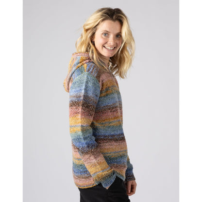 Side view of a woman wearing a colourful striped Saltrock Space Dye Erin knitted hoodie
