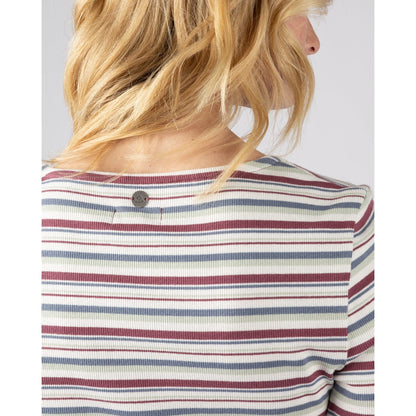 Close-up view of the back neck and logo fob on a womens Saltrock long sleeve Lenna t-shirt in white with a multicolour stripe pattern