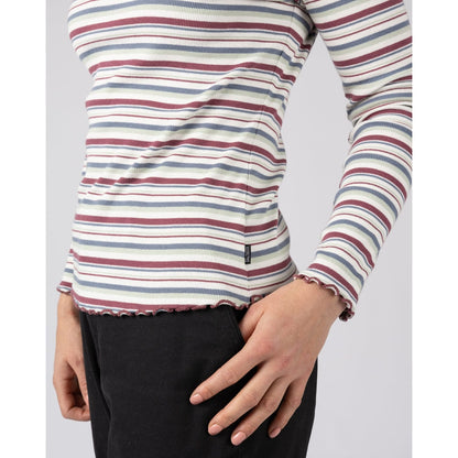 Close-up view of a womens Saltrock long sleeve Lenna t-shirt in white with a multicolour stripe pattern and lettuce finish cuffs and hem