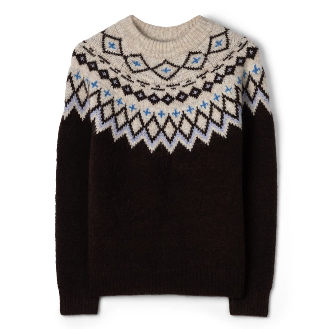Front view of a womens Saltrock Fern jumper in brown with a Fairisle style cream, blue and brown pattern across the chest and shoulders.