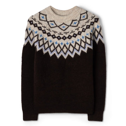 Front view of a womens Saltrock Fern jumper in brown with a Fairisle style cream, blue and brown pattern across the chest and shoulders.