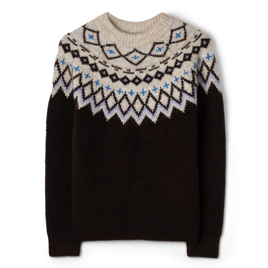 Front view of a womens Saltrock Fern jumper in brown with a Fairisle style cream, blue and brown pattern across the chest and shoulders.