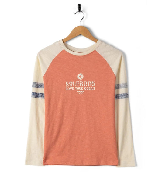Long-sleeve shirt with 'Saltrock Love Your Ocean' text on a hanger against a white background