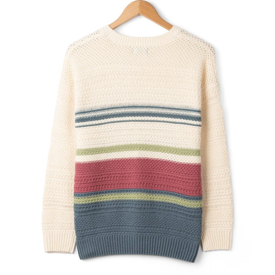 Back view of a Saltrock knitted Sable jumper in Cream with colourful horizontal stripes