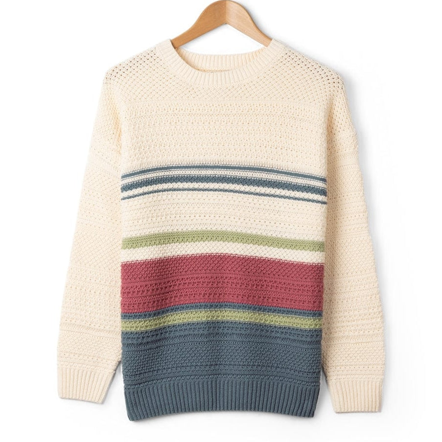 Front view of a womens Saltrock knitted Sable jumper with colourful horizontal stripes