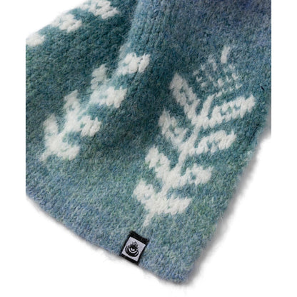 Blue knitted Saltrock Quiver scarf with white floral pattern on a white background
