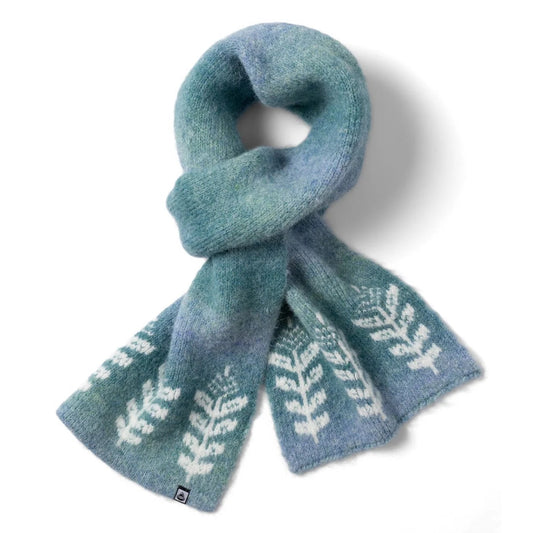 Knitted Saltrock blue Quiver scarf with leaf pattern on a white background