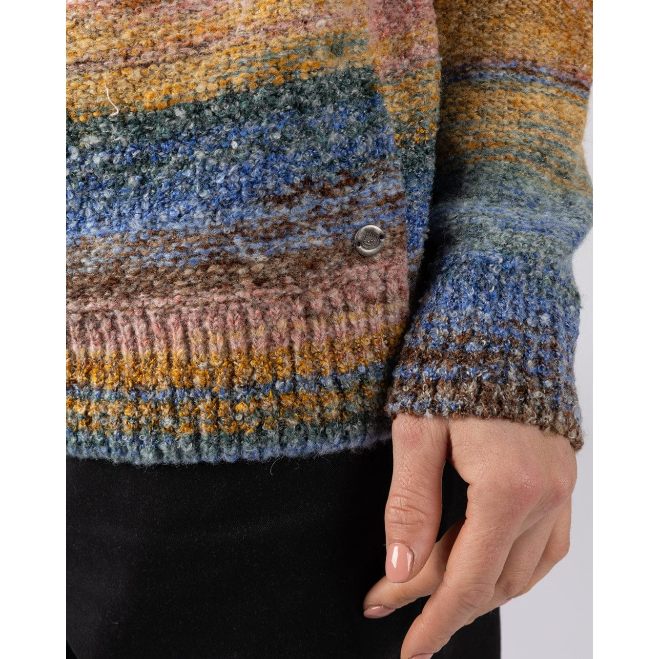 Close-up of the cuff and bottom hem of a womens Saltrock multicolour stripe knitted Space Dye Erin hoodie