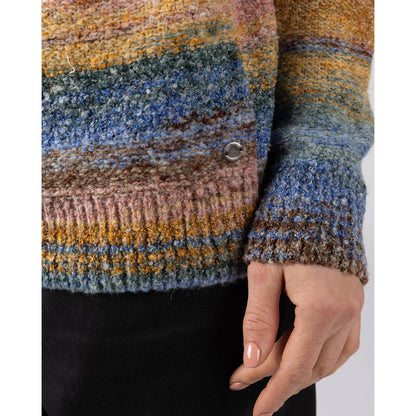 Close-up of the cuff and bottom hem of a womens Saltrock multicolour stripe knitted Space Dye Erin hoodie