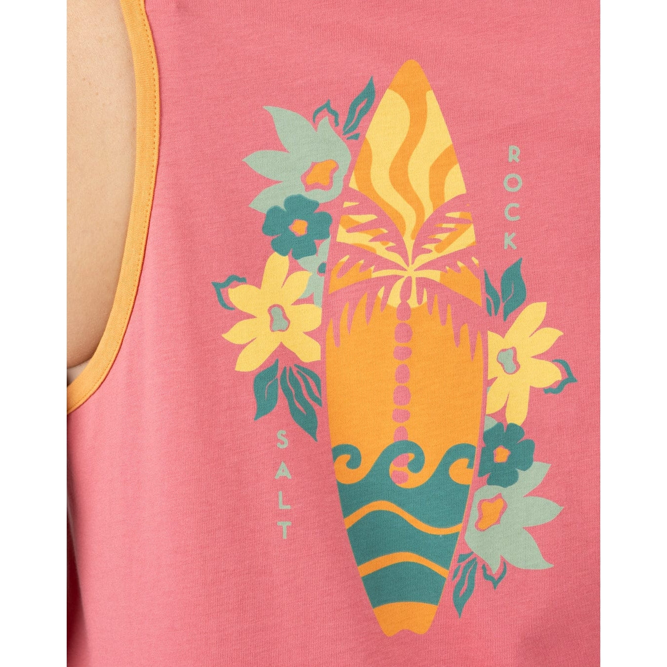Close-up of a Saltrock pink Sun Surfer vest top with a colourful floral surfboard design 